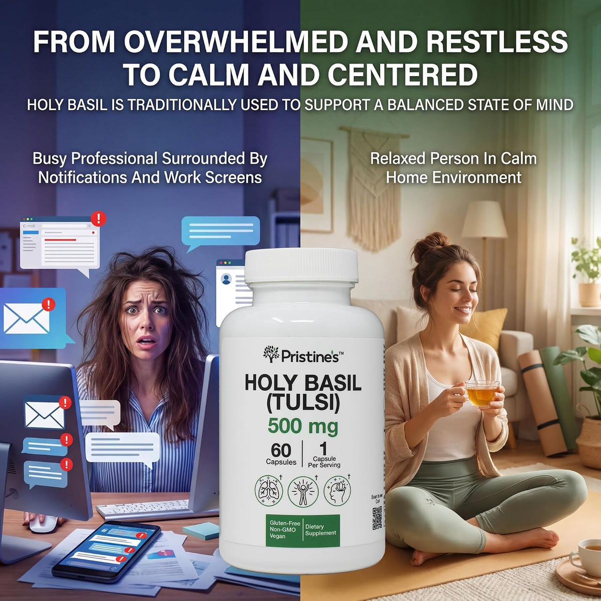 PRISTINE'S Holy Basil Tulsi 500mg Adaptogen Capsules, Vegan, 60 Day Supply | Calm and relaxation support in a simple Tulsi (holy basil) capsule routine. 60 day supply, vegan, non-GMO, gluten-free