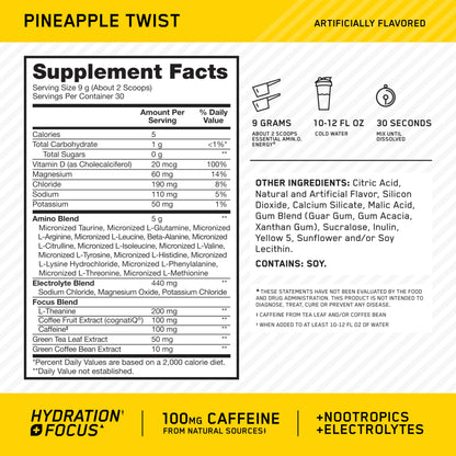 Optimum Nutrition, Amino Energy Powder Plus Focus, with Bcaa, Electrolytes, and Caffeine, Watermelon, 30 Servings | Contains BCAAs, Electrolytes, 100 mg Caffeine, 5g Amino Acids, Zero Sugar, Supports Hydration, Banned Substance Tested