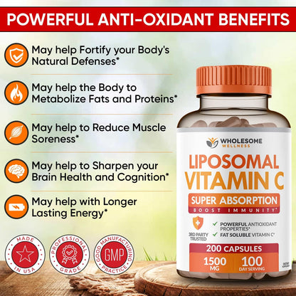 Grass Fed Desiccated Beef Liver Capsules (180 Pills, 750mg Each) + Liposomal Vitamin C Capsules (200 Pills 1500mg Buffered) High Absorption VIT C Bundle