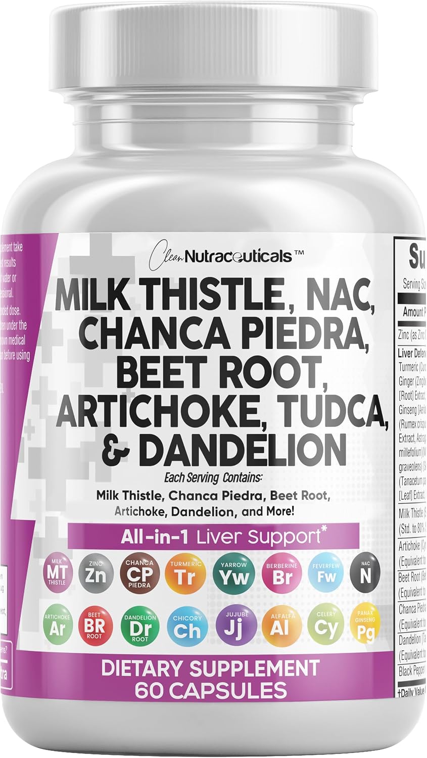 Clean Nutraceuticals Milk Thistle NAC Chanca Piedra Beet Root Artichoke Astragalus Dandelion Root - Liver Cleanse Detox & Repair Supplement Plus TUDCA Choline & Ginger - 1Pack