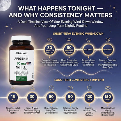 PRISTINE'S Apigenin 50mg Sleep Support Capsules, Vegan, 150 Day Supply | Evening relaxation and calm support in a simple one-capsule routine. 150 day supply, vegan, non-GMO, gluten-free