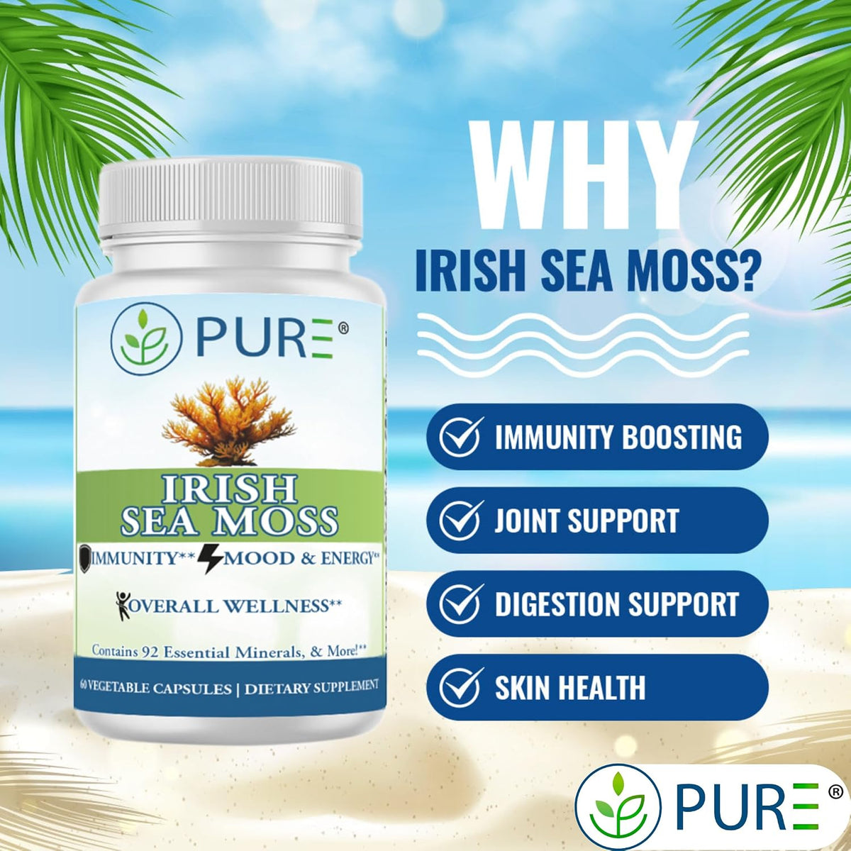 PURE® Irish Sea Moss 750mg - 60 Organic Capsules - Wildcrafted North Atlantic Superfood with 92 Essential Minerals - Thyroid, Immune & Energy Support - Made in the USA
