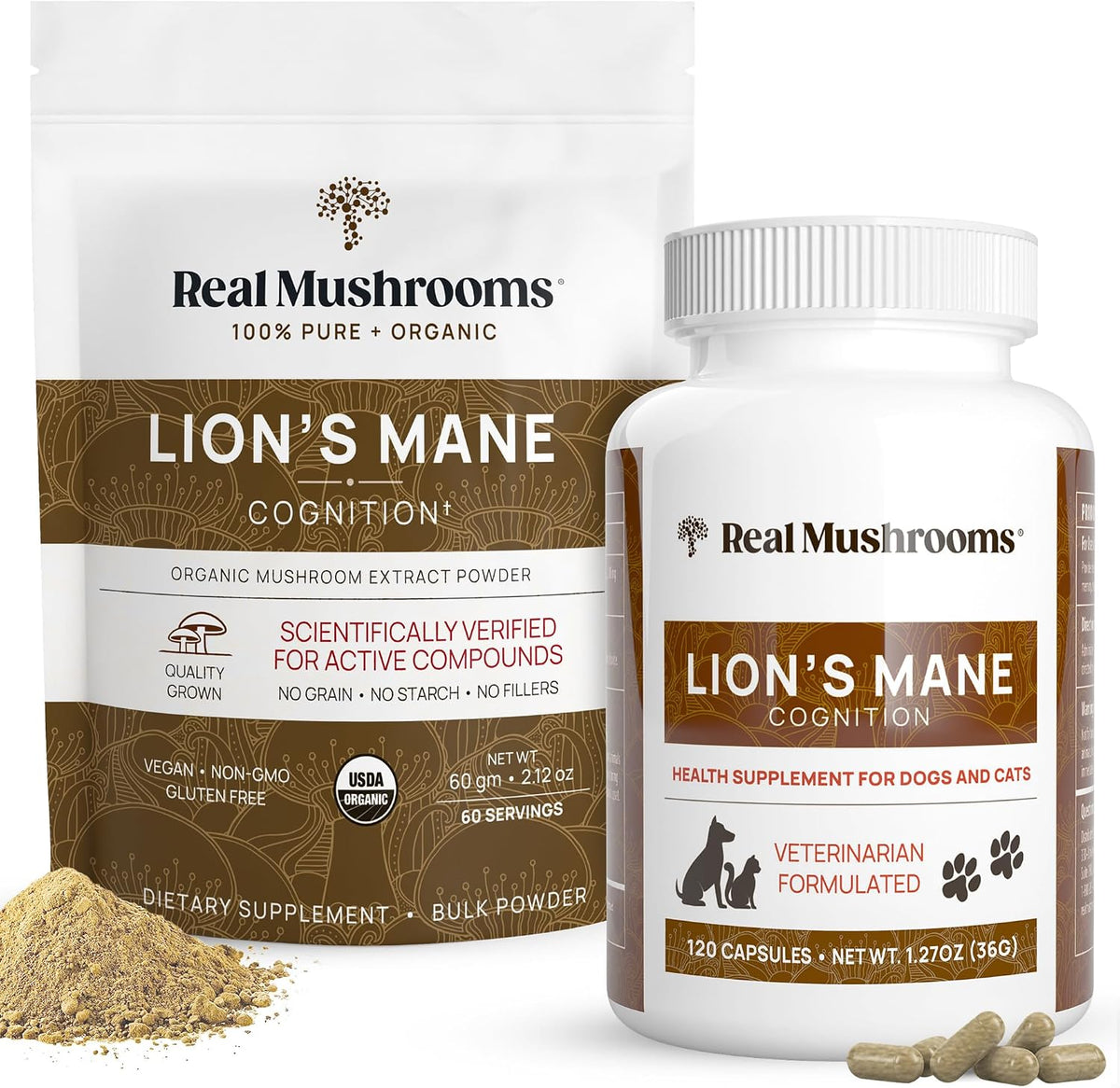 Real Mushrooms Lions Mane for Humans (60 Servings) and Pets (120ct) - Powder & Capsules Bundle for Cognition & Immunity - Vegan, Non-GMO, Gluten-Free, Grain-Free Mushroom Extract Supplements