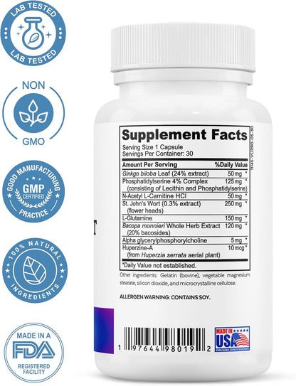 Brain Support Complex Nootropic Supplement, 30 Ct | Ginkgo Biloba, Bacopa Monnieri, Phosphatidylserine, Huperzine-A, St. John's Wort