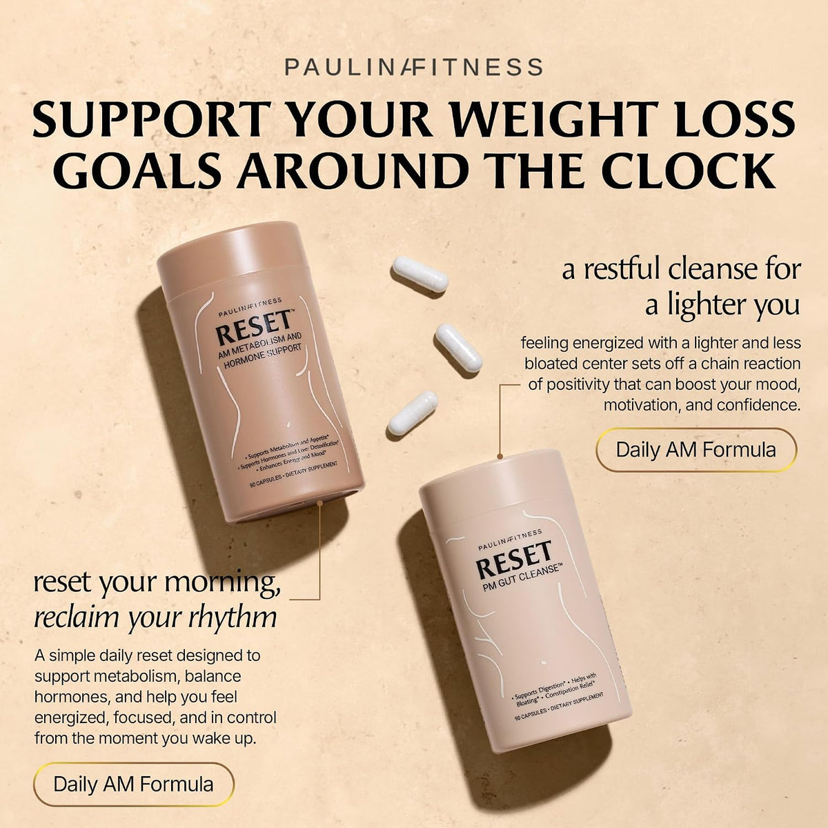 Paulina FITNESS Reset Detox Duo AM + PM Weight Loss Support Bundle | Supports Metabolism, Appetite Control, Digestion & Overnight Detox, 30-Day Supply, Vegan, Gluten & Cruelty-Free