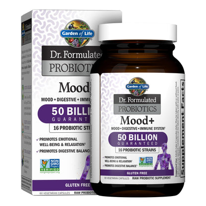 Garden of Life Probiotics Mood+ Dr Formulated Acidophilus Probiotic Supplement - Promotes Emotional Well-Being, Relaxation and Digestive Balance - Ashwagandha for Stress Management, 60 Veggie Caps