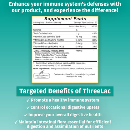 Global Health Trax GHT - ThreeLac Lemon Probiotic Drink Mix for Digestive Health - Advanced Probiotic Powder Formula for Men, Women & Kids - Immune Support & Gut Balance, Non-GMO - 60 Packets