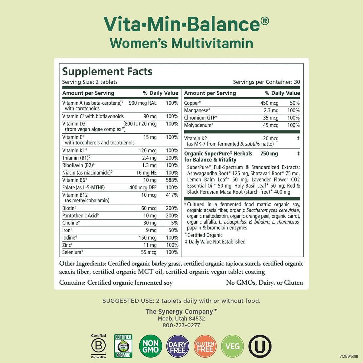 PURE SYNERGY Vita·Min·Balance | Multivitamin for Women with Iron | Women’s Daily Multivitamin Made with Organic Whole Foods | for Balanced Energy and Stress Support (60 Tablets)