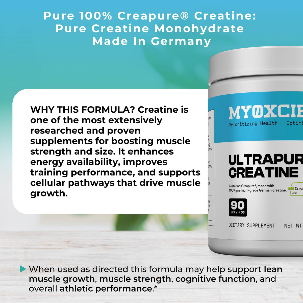 MYOXCIENCE Creapure® Creatine Monohydrate | Supports Strength & Muscle Mass, Cognition and Lean Body Mass | Unflavored (60 Serving Jar)