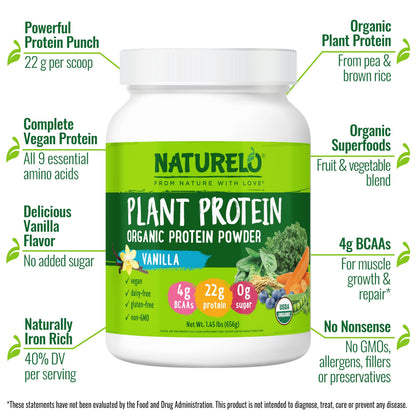 NATURELO Plant Protein Powder, Vanilla, 22g Protein - Non-GMO, Vegan, No Gluten, Dairy, or Soy - No Artificial Flavors, Synthetic Coloring, Preservatives, or Additives - 20 Servings