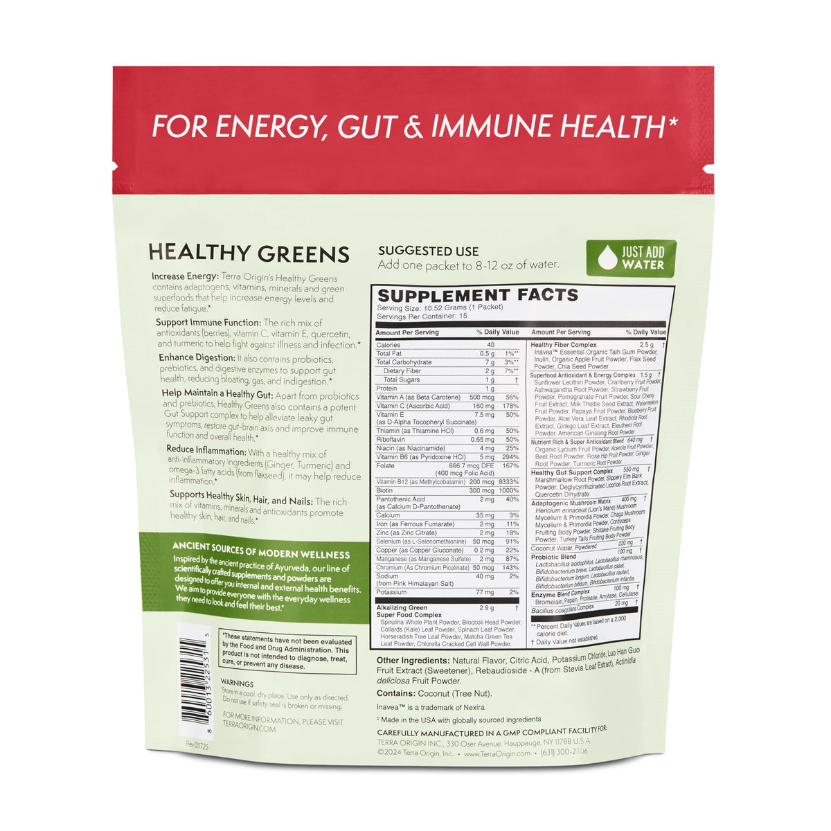 TERRA ORIGIN Greens Superfood Powder | Green Juice Powder with Probiotics & Enzymes | Plant Based Super Greens for Energy, Gut & Immune Support | Vegan, Non-GMO | 30 Servings Tropical Passionfruit