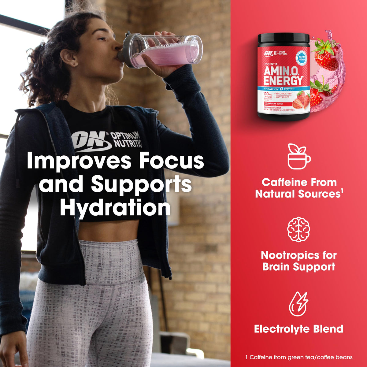 Optimum Nutrition, Amino Energy Powder Plus Focus, with Bcaa, Electrolytes, and Caffeine, Watermelon, 30 Servings | Contains BCAAs, Electrolytes, 100 mg Caffeine, 5g Amino Acids, Zero Sugar, Supports Hydration, Banned Substance Tested