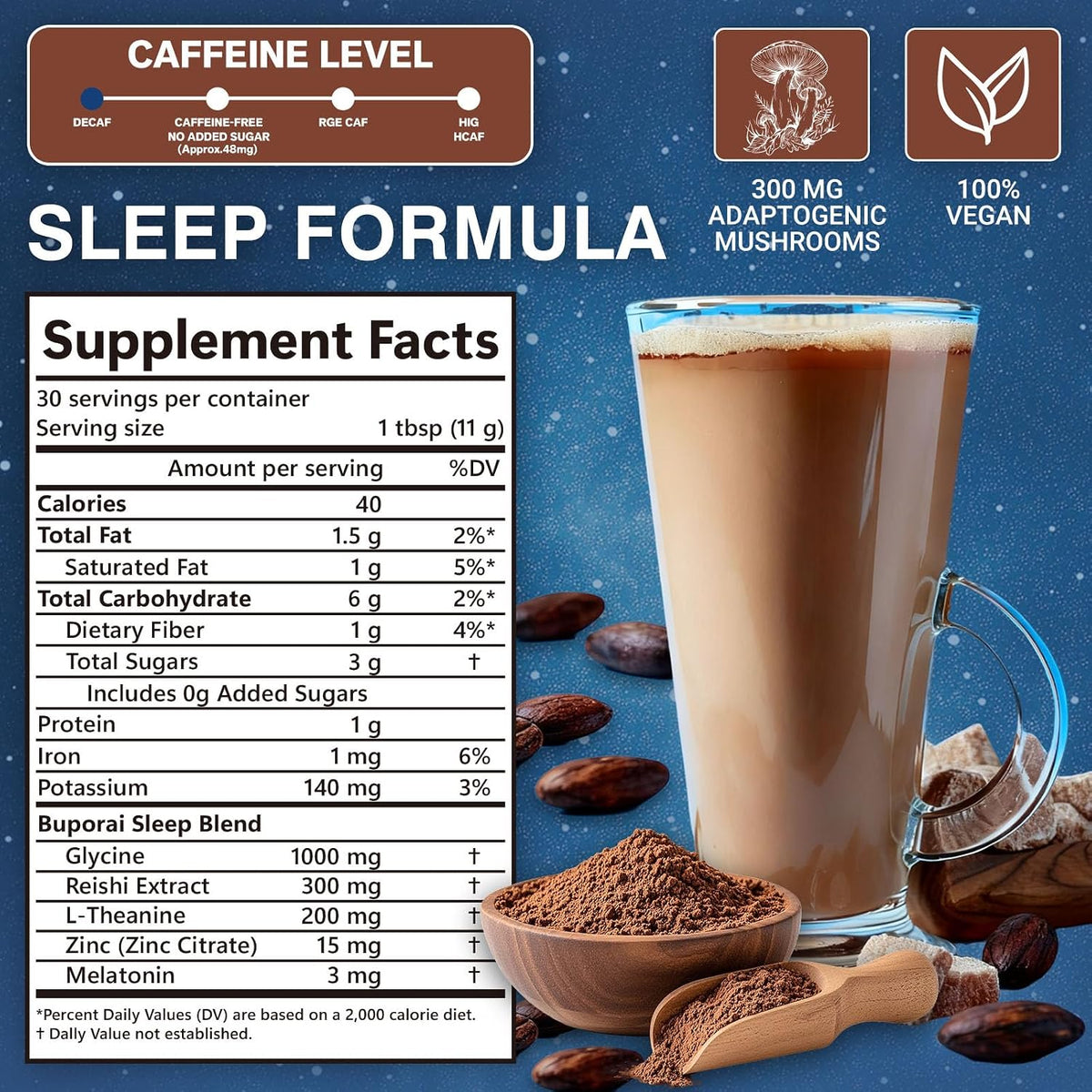 Mushroom Hot Cocoa with Melatonin, Reishi | L-Theanine, Cocoa Powder Hot Chocolate Nighttime Drink Mix for Sleep & Relax - 30 Servings