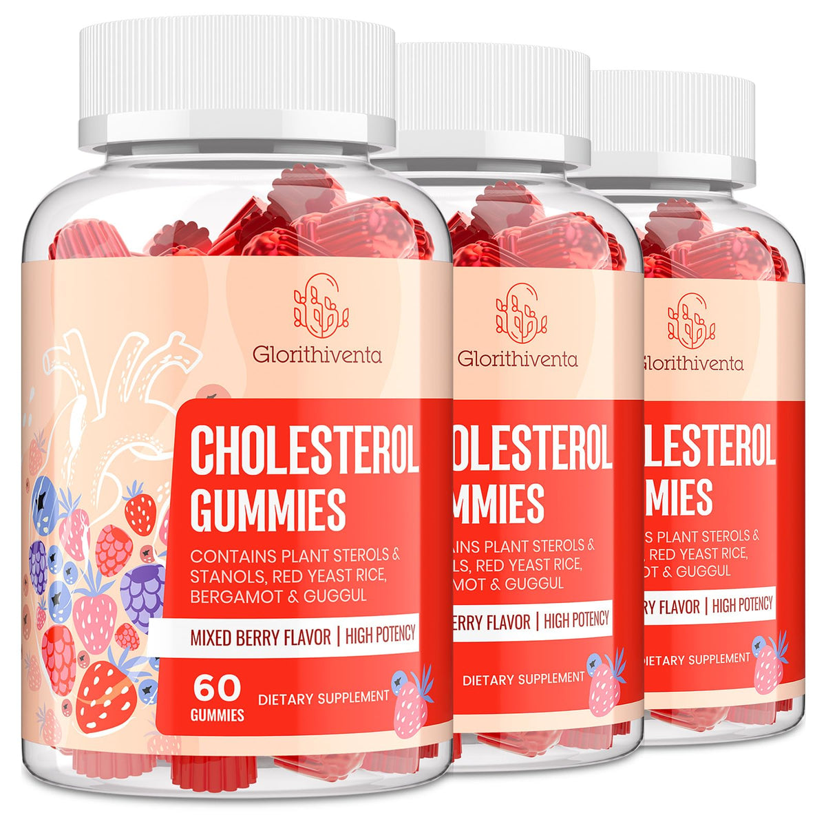 Cholesterol Supplement with Plant Sterols & Stanols, Guggul, Bergamot Orange Extract, Red Yeast Rice, Plant Sterols Complex Gummies, Mixed Berry Flavor, 60 Counts