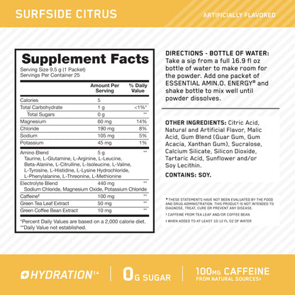 Optimum Nutrition, Amino Energy Powder Plus Focus, with Bcaa, Electrolytes, and Caffeine, Watermelon, 30 Servings | Contains BCAAs, Electrolytes, 100 mg Caffeine, 5g Amino Acids, Zero Sugar, Supports Hydration, Banned Substance Tested
