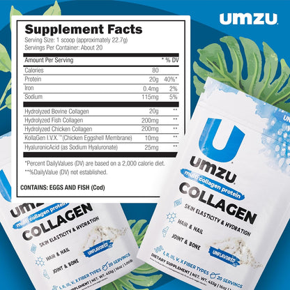 UMZU zuCollagen Collagen Peptides Powder, Unflavored | 5 Collagen Types I, II, III, V and X, Hydrolyzed Collagen Peptides, Hair, Skin, Joint and Daily Recovery Support