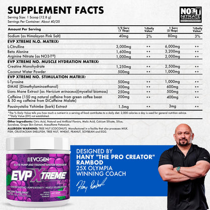 Evogen EVP Xtreme NO Pre-Workout for Men & Women | Sour Candy | 40 Servings | Arginine nitrate, L-citrulline, beta-alanine, creatine and coconut water; caffeine and yohimbe for energy and pumps