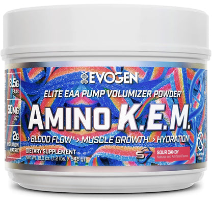 Evogen EVP 3D Amino K.E.M. Bundle – Stim Free Pre Workout Powder & EAA/BCAA Pump Volumizer for Muscle Growth, Hydration & Performance | Sour Candy