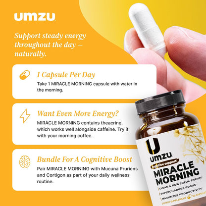 UMZU Miracle Morning Energy Support Supplement, 30 Day Supply | PurCaf Caffeine and Theacrine, Organic Ingredients, Morning Energy, Focus and Mood Support, Daily Energy and Focus Supplement