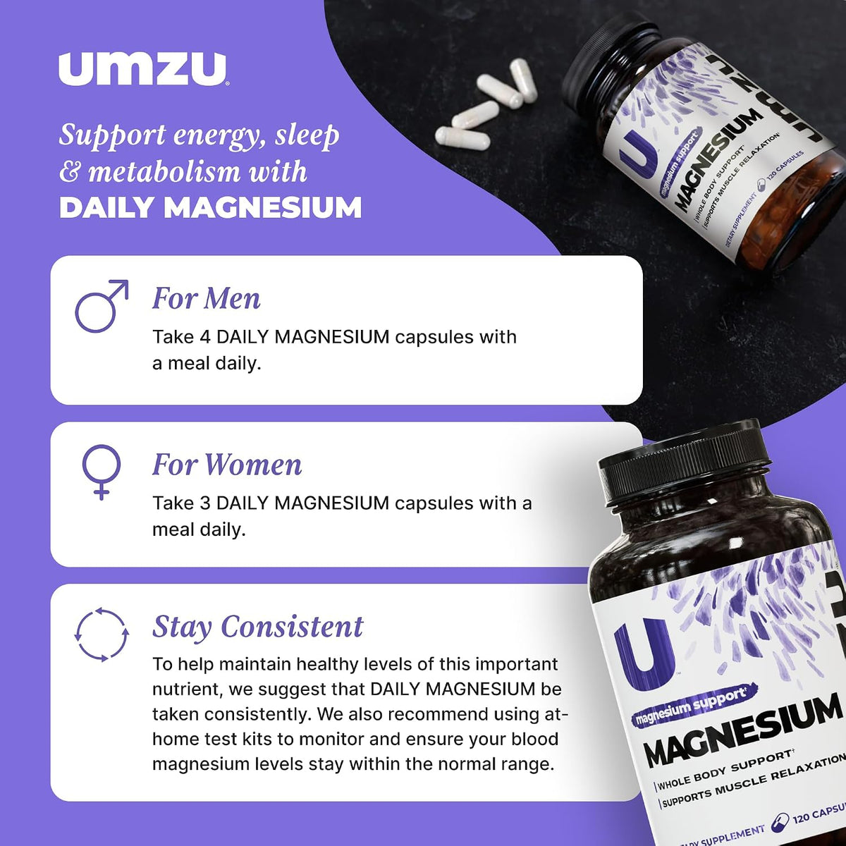 UMZU Daily Magnesium Complex Capsules, 30 Day Supply | 3 Bioavailable Magnesium Forms, High Absorption, Energy and Metabolism Support, Muscle Relaxation, Calmness, Daily Wellness