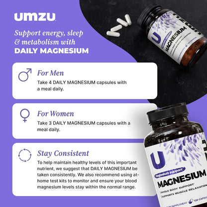 UMZU Daily Magnesium Complex Capsules, 30 Day Supply | 3 Bioavailable Magnesium Forms, High Absorption, Energy and Metabolism Support, Muscle Relaxation, Calmness, Daily Wellness