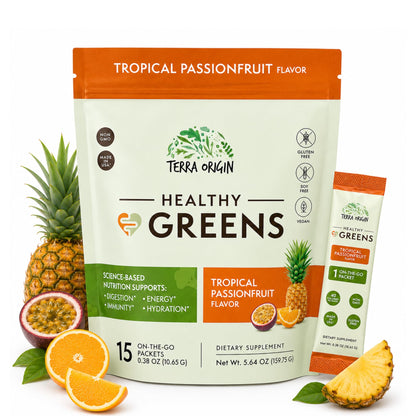 TERRA ORIGIN Greens Superfood Powder | Green Juice Powder with Probiotics & Enzymes | Plant Based Super Greens for Energy, Gut & Immune Support | Vegan, Non-GMO | 30 Servings Tropical Passionfruit