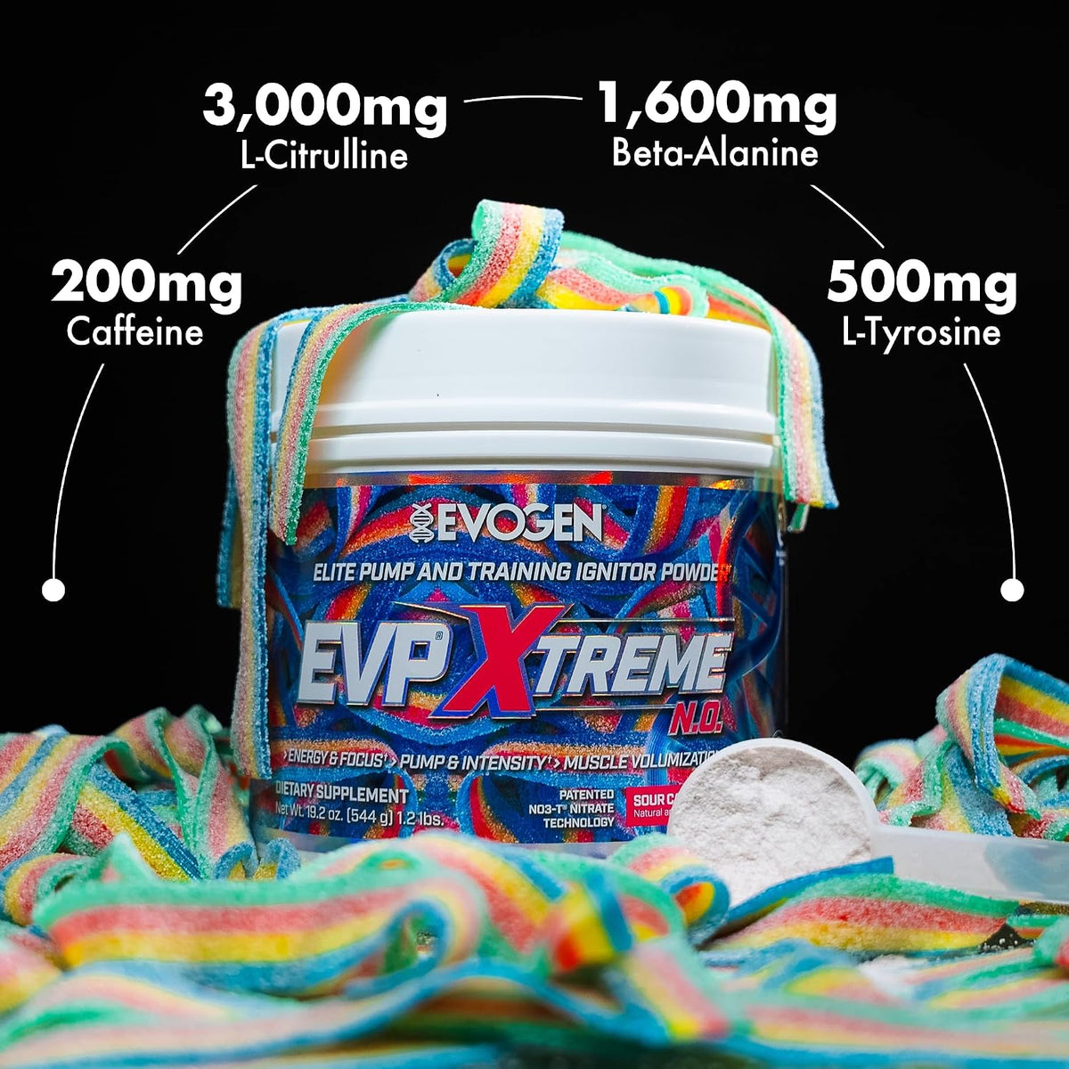 Evogen EVP Xtreme NO Pre-Workout for Men & Women | Sour Candy | 40 Servings | Arginine nitrate, L-citrulline, beta-alanine, creatine and coconut water; caffeine and yohimbe for energy and pumps