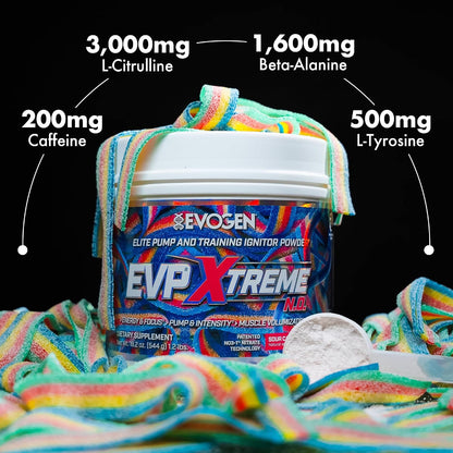Evogen EVP Xtreme NO Pre-Workout for Men & Women | Sour Candy | 40 Servings | Arginine nitrate, L-citrulline, beta-alanine, creatine and coconut water; caffeine and yohimbe for energy and pumps
