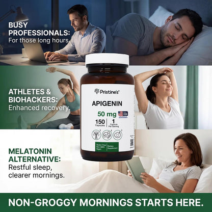 PRISTINE'S Apigenin 50mg Sleep Support Capsules, Vegan, 150 Day Supply | Evening relaxation and calm support in a simple one-capsule routine. 150 day supply, vegan, non-GMO, gluten-free