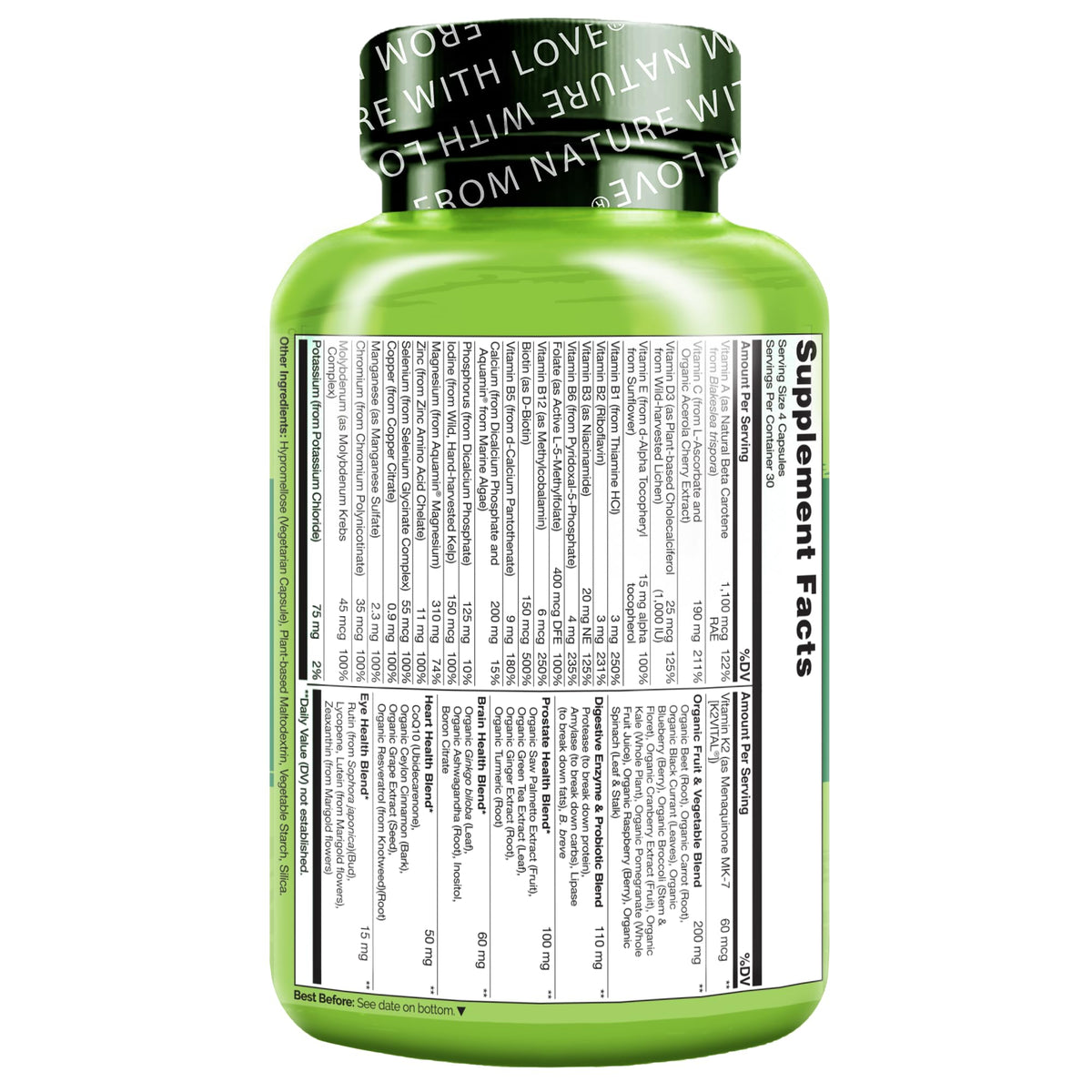NATURELO Whole Food Multivitamin for Men 50+ - with Vitamins, Minerals, Organic Herbal Extracts - Vegan Vegetarian - for Energy, Brain, Heart and Eye Health - 120 Capsules