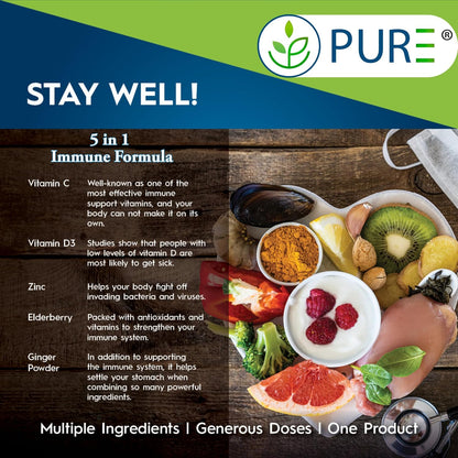 PURE® 5 in 1 Immune Formula - 120 Capsules - Black Elderberry 100 mg, Vitamin C 1000 mg, Vitamin D3 125 mcg (5000 IU), Zinc & Ginger Root - All-in-One Seasonal Defense Shield - Antioxidant Support USA