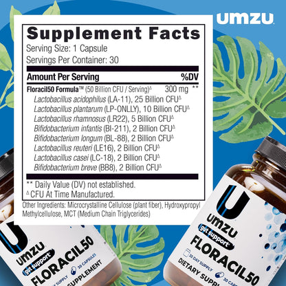 UMZU Floracil50 Probiotic Supplement, 50 Billion CFU, 30 Day Supply | Lactobacillus Acidophilus, Rhamnosus and Plantarum, Gut Health and Digestion Support, Immune Support, Microbiome Balance