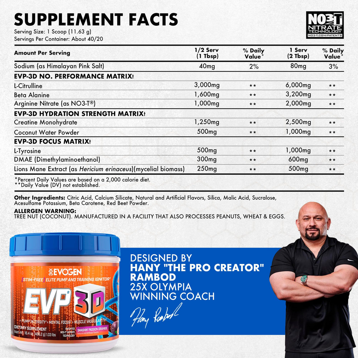 Evogen EVP 3D Stim Free Pre-Workout | Citrus Candy | 40 Servings | Arginine nitrate, L-citrulline, beta-alanine and creatine with lion's mane, L-tyrosine and DMAE for pumps and focus
