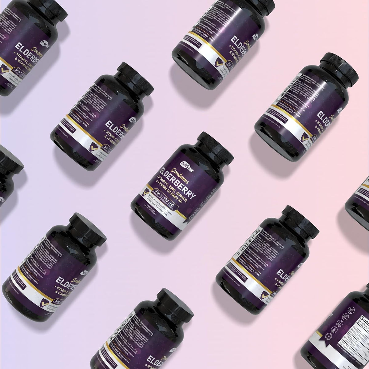 NutriFlair Sambucus Elderberry Capsules, 120 Capsules (2-Month Supply) - Elderberry Extract with Vitamin C, Vitamin D3, Zinc & Ginger - Daily Wellness Support