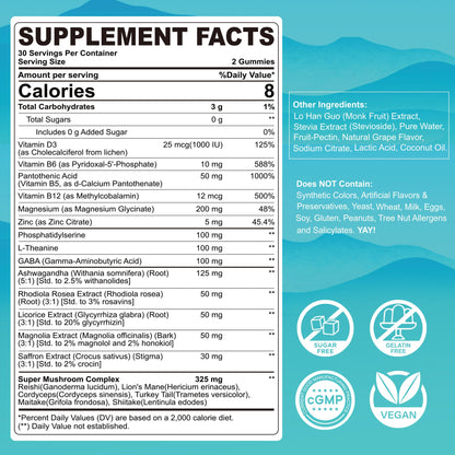 Cortisol Gummies for Women & Men, Sugar Free Cortisol Reducer Supplements w/ Magnesium, Ashwagandha, Mushroom, L-theanine, Rhodiola, Vitamin B6 B12 for Cortisol Detox, Relax, Sleep Support 2 Pack