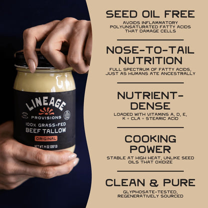 Lineage Provisions Grass-Fed Beef Tallow, 3-Pack Glass Jars | 100% grass-fed & finished, US-raised cattle, nose-to-tail rendered, cooking oil alternative, keto & paleo friendly.