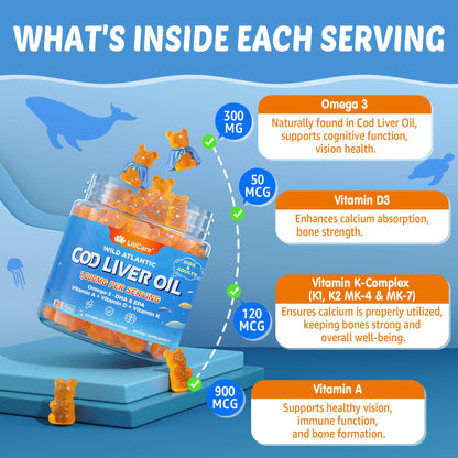 Cod Liver Oil Gummies 1000mg for Kids & Adults - w/Omega 3 (EPA & DHA), Vitamins A, D3 & K2 - Cod Liver Oil Omega 3 Gummies for Immune, Brain & Cognitive Support, SugarFree, Orange Flavor, 120Cts
