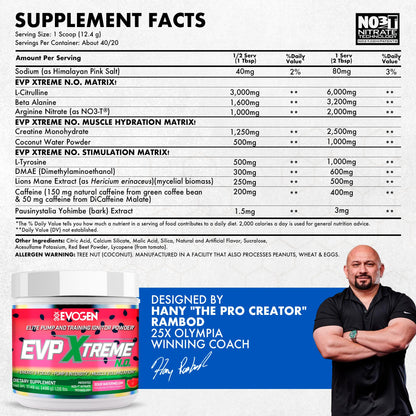 Evogen EVP Xtreme NO Pre-Workout for Men & Women | Sour Candy | 40 Servings | Arginine nitrate, L-citrulline, beta-alanine, creatine and coconut water; caffeine and yohimbe for energy and pumps