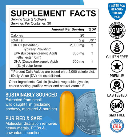 Omega 3 Fish Oil Supplements - Triple Strength Fish Oil Omega 3 Supplements 2000mg EPA DHA Women Men - Triple Strength Natural Omega3 Supplement 2000mg EPA DHA Fatty Acids 1000mg Burpless 60 Softgels