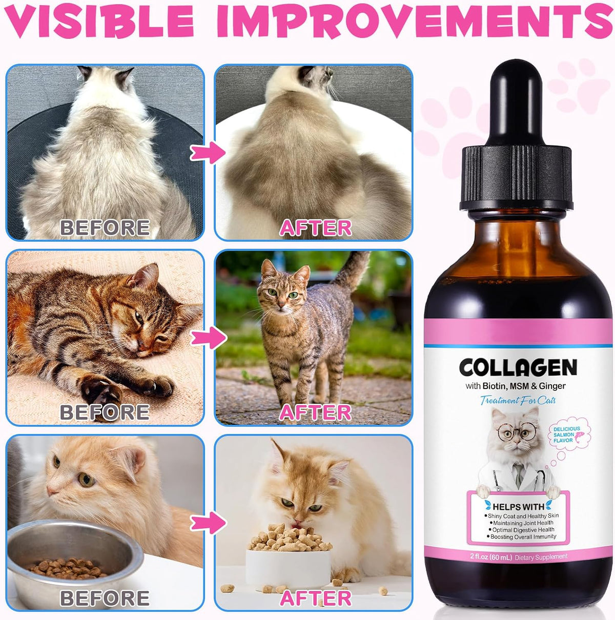 Liquid Collagen for Cats, Cats Collagen Liquid Drops with Biotin, MSM & Ginger Immunity Support, Itch Relief, Skin & Coat and Joint Health Supplement for Cat 60ml