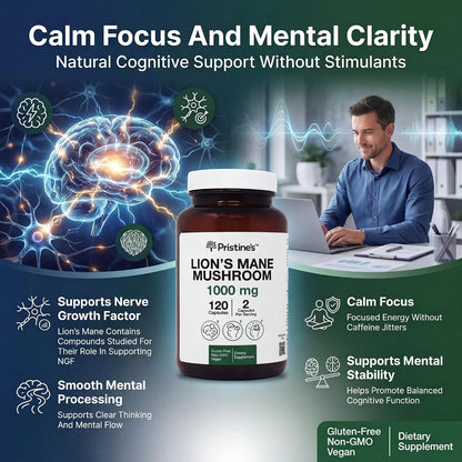 PRISTINE'S Lion's Mane 1000mg Mushroom Capsules, Fruiting Body, Vegan | Focus, memory and brain health support from lion's mane fruiting body. 60 day supply, vegan, non-GMO, gluten-free