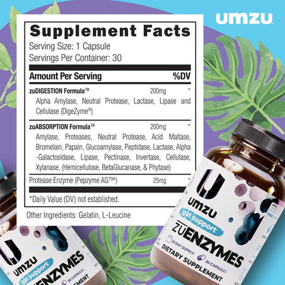 UMZU zuEnzymes Digestive Enzyme Supplement, 30 Day Supply | 21 Enzyme Blend, Lipase, Protease and Amylase, Supports Digestion, Gut Health, Nutrient Breakdown and Digestive Wellness