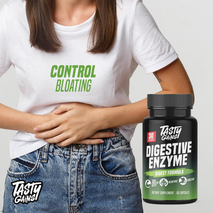 TASTY GAINS - Complete Digestive Enzymes Supplement for Gut Health - Bloating Relief for Men and Women - Enzymes for Digestion - Food Discomfort Relief & Debloat (60 Capsules)