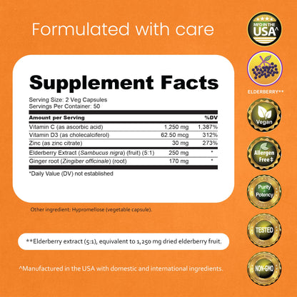NaturaLife Labs Vitamin C with Vitamin D3, Zinc, Elderberry & Ginger Root – 1,700 mg per Serving – 100 Capsules, Vegan, Non-GMO, Gluten Free