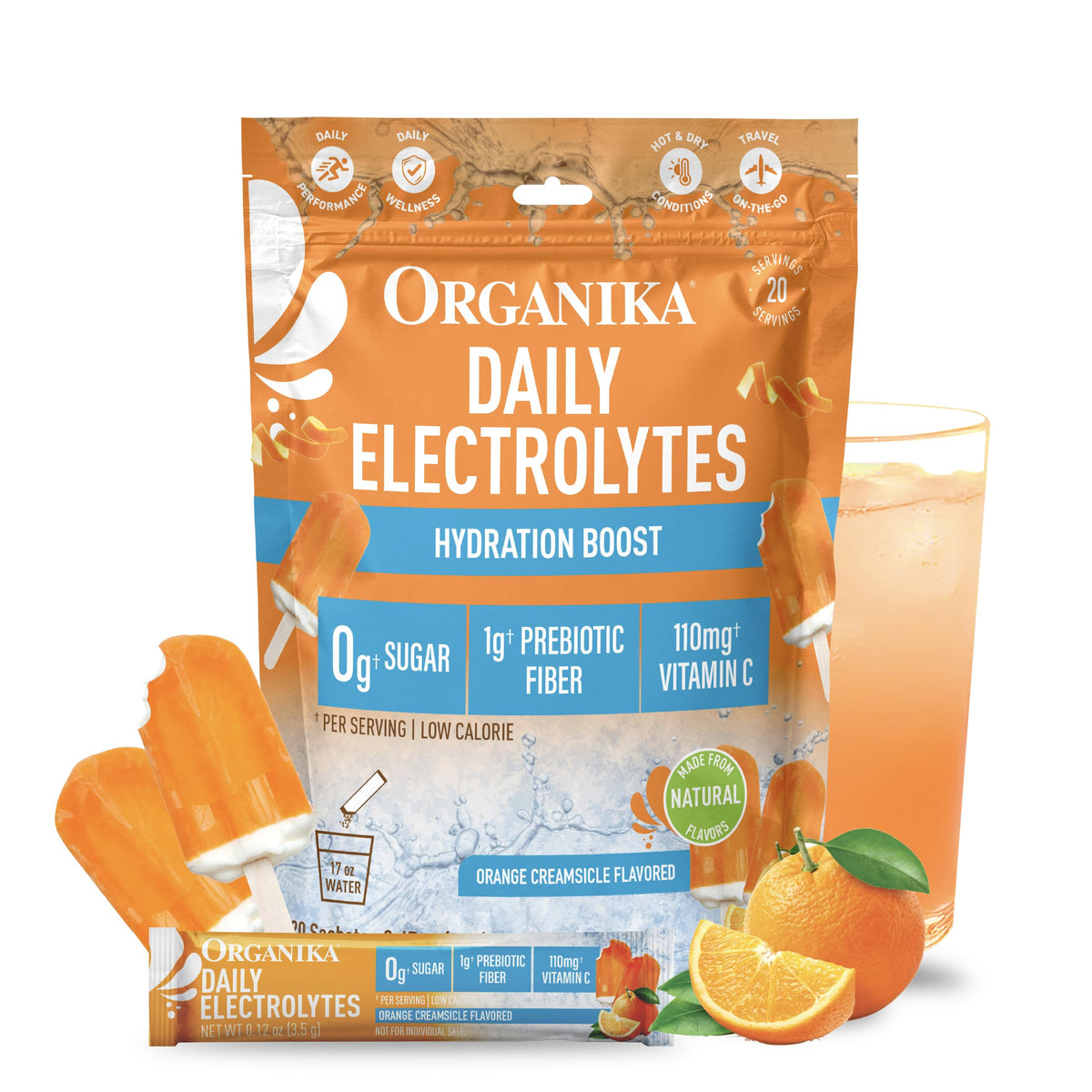 Organika Daily Electrolytes Powder Variety Pack with Vitamin C & Prebiotic Fiber – 21 Single-Serve Sachets (Lemonade, Raspberry, Pineapple Passion Fruit), Sugar-Free, Caffeine-Free