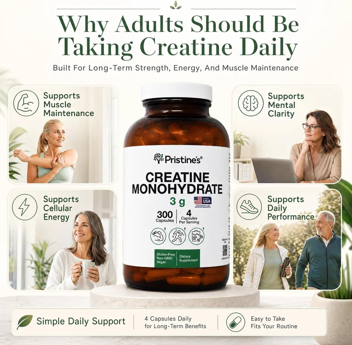 PRISTINE'S NSF Certified Creatine Monohydrate 3g Capsules, 75 Servings | Vegan, non-GMO and gluten-free. NSF Certified creatine capsules with 75 servings and no powder scoop, mixing, grit or flavor