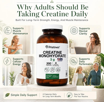 PRISTINE'S NSF Certified Creatine Monohydrate 3g Capsules, 75 Servings | Vegan, non-GMO and gluten-free. NSF Certified creatine capsules with 75 servings and no powder scoop, mixing, grit or flavor