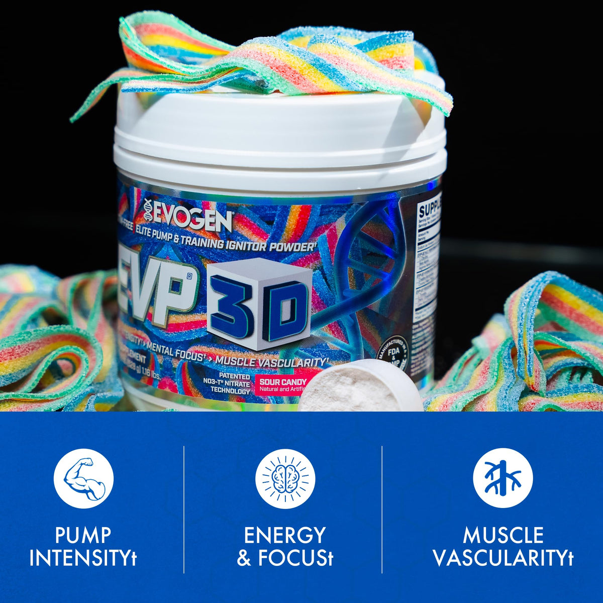 Evogen EVP 3D Stim Free Pre-Workout | Citrus Candy | 40 Servings | Arginine nitrate, L-citrulline, beta-alanine and creatine with lion's mane, L-tyrosine and DMAE for pumps and focus