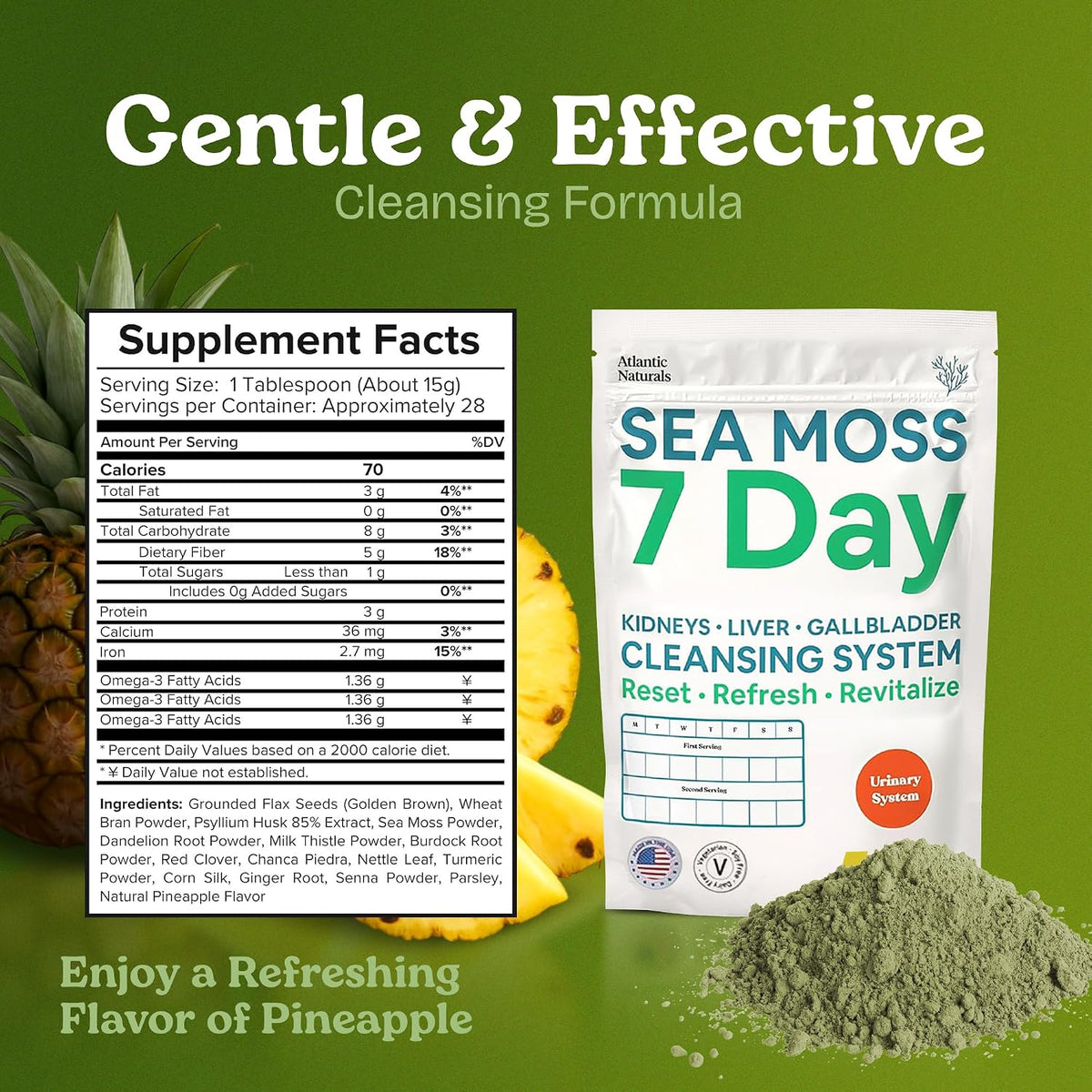 Atlantic Naturals Liver Cleanse Detox – 7 Day Sea Moss Liver, Gallbladder & Kidney Cleanse Drink Mix with Milk Thistle, Dandelion Root, Burdock & Chanca Piedra – Pineapple Flavor, 14 oz