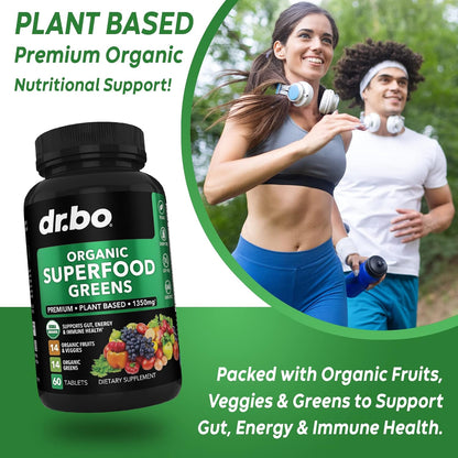 Organic Superfood Greens & Fruit Supplements - Energy Super Food Fruits and Veggies Supplement Tablets - Daily Green Veggie Powder Blend Plus Vegetable Foods Alfalfa, Spinach, Cabbage & Spirulina Tabs